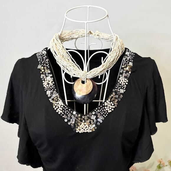 vintage y2k black sequin pearl beaded fitted babydoll plunging v neck - Picture 5 of 6